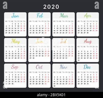 cartes de calendrier de 2020 ans isolées sur une illustration vectorielle sombre avec des mois et des jours colorés. Vector Design Planner pour 12 mois. Imprimer utilisation Illustration de Vecteur