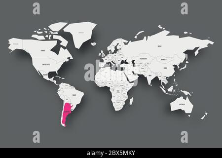 Rose Argentine mis en évidence dans la carte du monde. Carte simplifiée en gris clair avec ombre portée sur fond gris foncé. Illustration vectorielle. Illustration de Vecteur