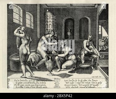 Les femmes se lavant et se nettoyant dans la baignoire. La piscine pour femmes. Gravure en cuivre italien du XVIe siècle, début de la Renaissance Banque D'Images