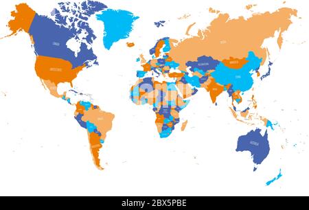 Carte du monde en quatre couleurs sur fond blanc. Carte politique détaillée avec noms de pays. Illustration vectorielle. Illustration de Vecteur