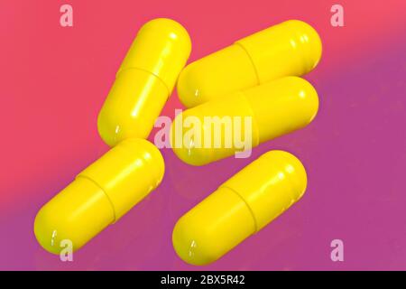 5 Lansoprazole jaune 15mg capsules comprimés contre fond violet pâle magenta Banque D'Images