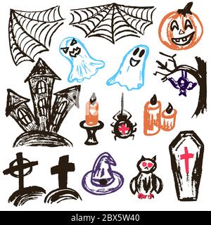 Halloween. Un ensemble d'objets amusants. Illustration vectorielle. Collection d'éléments festifs. Vacances d'automne. Citrouille, toile d'araignée, fantômes, château sinistre, Illustration de Vecteur