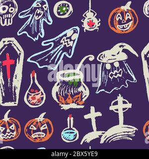 Halloween. Motif sans couture. Craie de couleur. Collection d'éléments festifs. Fantômes, citrouilles, yeux, potion de cercueil crâne araignée cimetière chaudron Illustration de Vecteur