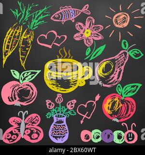 Joli dessin pour enfants. Crayons de cire de couleur sur fond noir. Icônes, signes, symboles, épingles. Dessins confortables. Thé, fruits fleurs Illustration de Vecteur