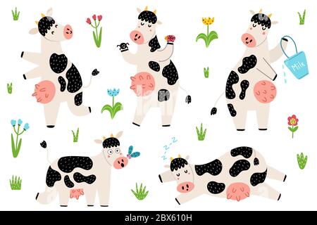 Ensemble avec des vaches à pois drôles debout, dormant, courant Illustration de Vecteur