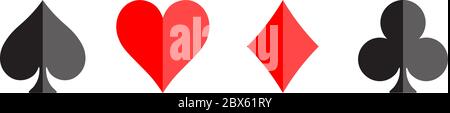 Combinaisons de cartes de poker - coeurs, clubs, spades et diamants - sur fond blanc. Illustration du vecteur de thème de jeu de casino. Formes noir et rouge avec effet brillant simple. Illustration de Vecteur
