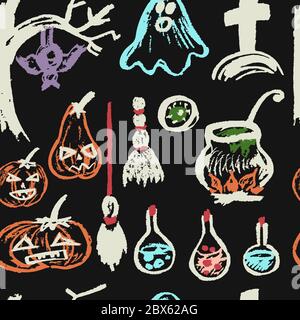 Halloween. Un ensemble d'objets amusants. Motif sans couture. Collection d'éléments festifs. Vacances d'automne. Fantôme, citrouille, œil, potion, cimetière, chou-fleur, Illustration de Vecteur