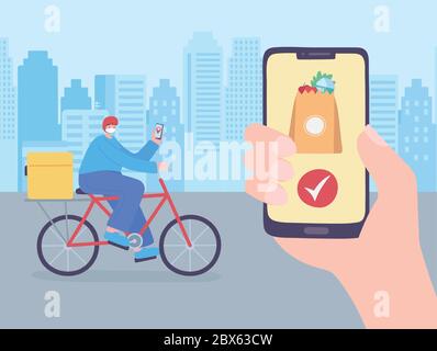 service de livraison en ligne, homme avec masque smartphone en vélo, commande de marché alimentaire, application de site web, illustration de vecteur de l'oronavirus covid 19 Illustration de Vecteur