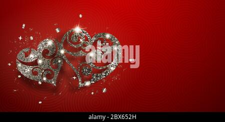 Carte de Saint-Valentin avec deux coeurs brillants d'argent scintille avec des reflets et des ombres sur fond rouge Illustration de Vecteur