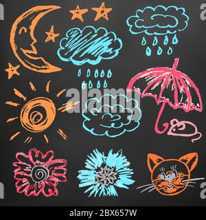 Joli dessin pour enfants. Crayons de cire de couleur sur fond noir. Icônes, signes, symboles, épingles. Nuages, pluie, lune, étoiles parapluie souris chat Illustration de Vecteur