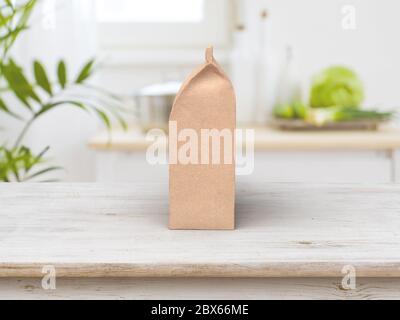 Le design de l'emballage du sac à café en forme de maquette, vue latérale sur une table en bois Banque D'Images