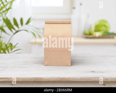 Maquette d'emballage du sac à café avec motif rayons et table en bois en kichen Banque D'Images