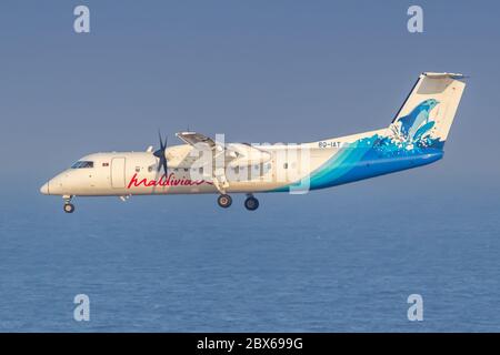 Masculin, Maldives - 19 février 2018 : Maldiviens Bombardier DHC-8-300 avion Maldiviens aéroport de Malé (MLE) sur les Maldives. Banque D'Images