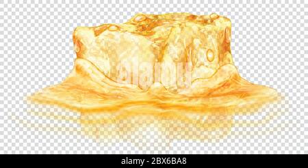 Un grand cube de glace translucide réaliste de couleur jaune à moitié immergé dans l'eau. Isolé sur fond transparent. Transparence uniquement au format vectoriel Illustration de Vecteur