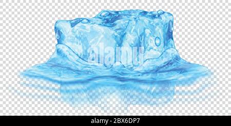 Un grand cube de glace translucide réaliste de couleur bleu clair à moitié immergé dans l'eau. Isolé sur fond transparent. Transparence uniquement dans le vecteur FO Illustration de Vecteur