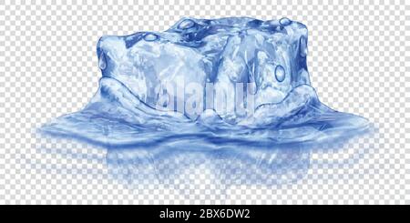 Un grand cube de glace translucide réaliste de couleur bleue à moitié immergé dans l'eau. Isolé sur fond transparent. Transparence uniquement au format vectoriel Illustration de Vecteur