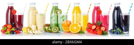 Collection de jus de fruits verre de boisson et bouteille isolée sur un fond blanc Banque D'Images