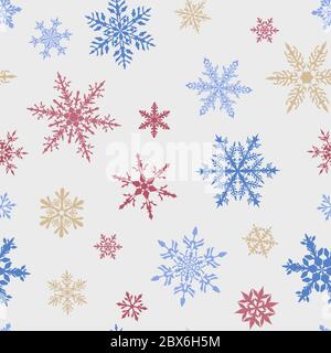 Motif de Noël sans couture de grands et petits flocons de neige multicolores sur fond blanc Illustration de Vecteur