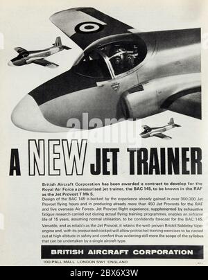 Publicité vintage pour l'avion d'entraînement militaire BAC145 Jet Provost de British Aircaft Corporation. Banque D'Images