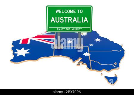 Panneau d'affichage Bienvenue en Australie sur la carte australienne, rendu 3D isolé sur fond blanc Banque D'Images