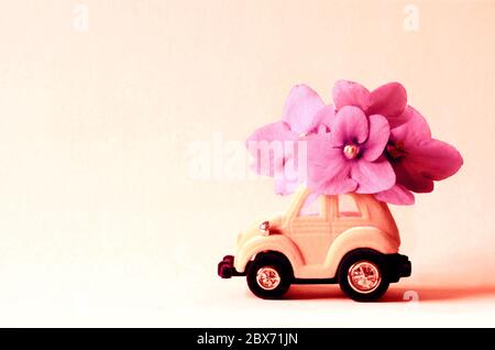 Carte avec une petite voiture de jouet livrant bouquet de fleurs sur fond rose. Banque D'Images