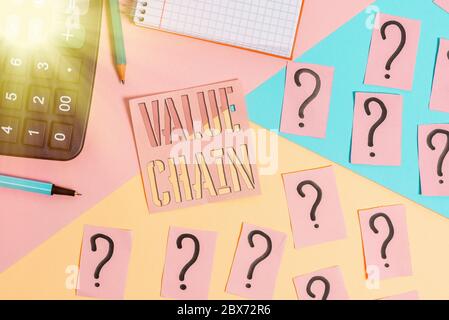 Symbole de texte indiquant la chaîne de valeur. Photo d'entreprise présentant un ensemble d'activités fonctionnelles faisant du produit des choses de mathématiques et d'écriture plus précieuses Banque D'Images