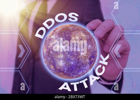 Attaque DDoS de texte d'écriture manuscrite. La photo conceptuelle a perturbé l'accès au serveur normal causé par un système malveillant éléments de cette image fournie par NA Banque D'Images