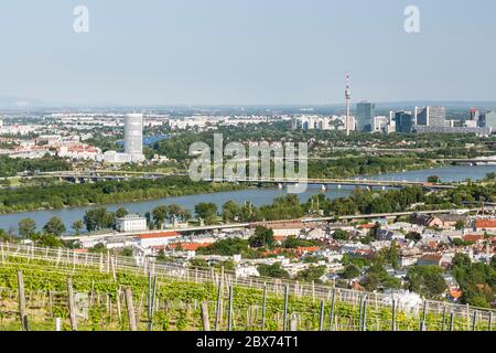 Vue depuis une colline au-dessus de Vienne, Autriche, Danube, Centre International et Donaucity. Banque D'Images