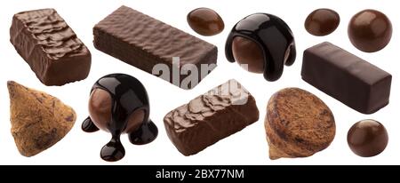 Collection de chocolats, différentes bonbons au chocolat isolés sur fond blanc Banque D'Images