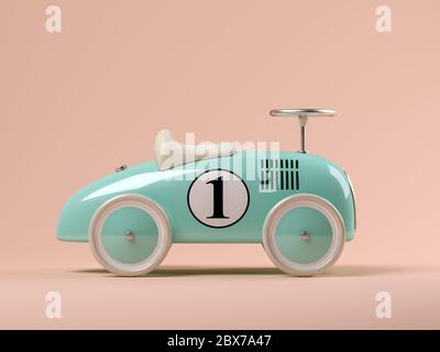 Voiture jouet bleu vintage sur fond rose illustration 3D Banque D'Images