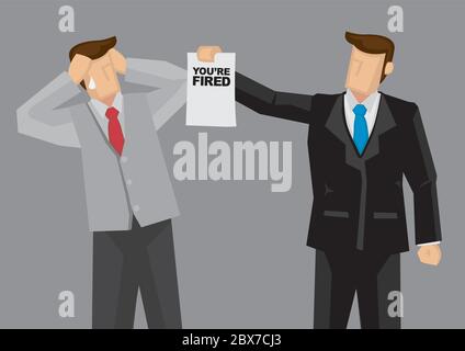 Un homme d'affaires de dessin animé remet un avis de cessation d'emploi disant que vous êtes congédié à son employé. Illustration vectorielle sur le concept de mise à pied involontaire isolé sur gre Illustration de Vecteur