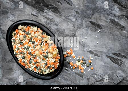 Lentilles séchées, quinoa et haricots dans un bol rustique noir sur ardoise. Vue de dessus. Comprend des lentilles rouges et vertes françaises. Banque D'Images