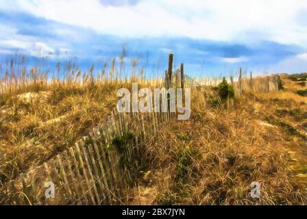 Art numérique d'une dune de sable herbeuse avec une clôture abîmé le long de l'océan Atlantique à Myrtle Beach en Caroline du Sud, le matin d'hiver. Banque D'Images