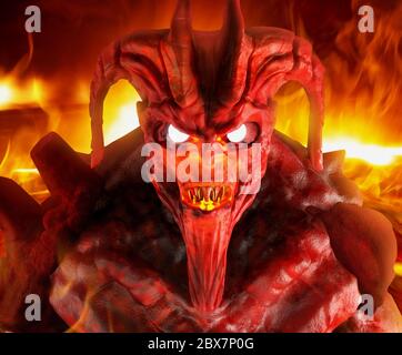 Illustration d'une créature mémisse avec des yeux brillants debout sur fond de feu inferno. Banque D'Images