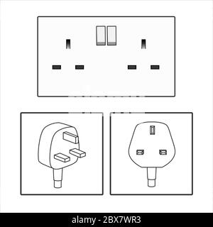 Et prise UK. Trois icônes de prise 3 broches. Prise britannique. Puissance électrique. Illustration du vecteur. Prise à trois broches vecteur isolé sheme Illustration de Vecteur