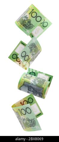 Billets australiens d'une centaine de dollars en cascade. Isolé sur blanc. Banque D'Images