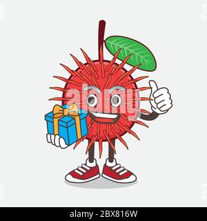 Une illustration de la mascotte de dessin animé de fruit Rambutan avec cadeau Illustration de Vecteur