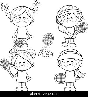 Filles joueurs de tennis. Page de livre de coloriage noir et blanc vectoriel Illustration de Vecteur