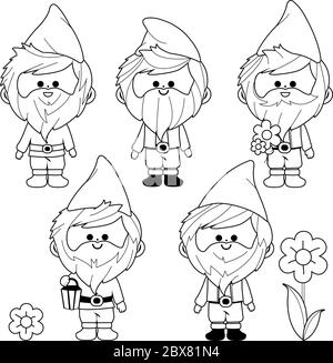 Collection de gnomes de jardin. Page de couleur noire et blanche vectorielle Illustration de Vecteur