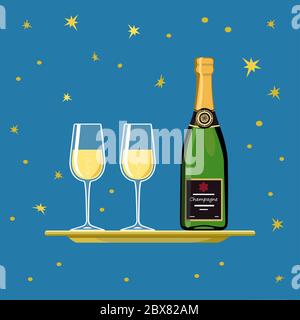 Champagne. Bouteille de champagne avec des verres sur fond de ciel étoilé. Illustration vectorielle Banque D'Images