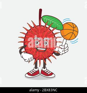 Illustration du personnage de la mascotte de dessin animé de Rambutan avec un ballon de basket Illustration de Vecteur