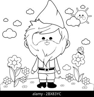 Joli gnome de jardin dans le jardin. Page de couleur noire et blanche vectorielle Illustration de Vecteur