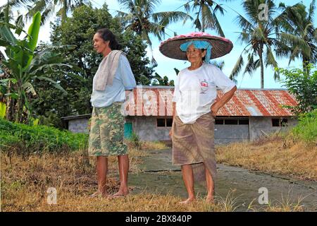 Deux femmes balinaises. L'un porte un chapeau conique et sarong. Près d'Ubud, Bali, Indonésie. Banque D'Images