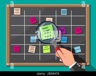 Planche à gravis et loupe. Le tableau d'affichage est suspendu au mur et contient des tâches sur les cartes de notes adhésives. Liste des événements pour l'employé. Développement, travail d'équipe, programme, liste des tâches. Illustration vectorielle plate Illustration de Vecteur
