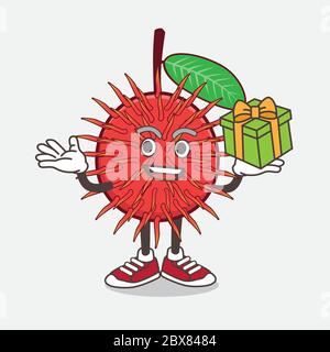 Une illustration de la mascotte de dessin animé de fruit Rambutan avec une boîte de cadeau Illustration de Vecteur