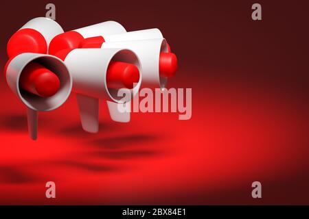 Haut-parleur de groupe à dessin animé rouge et blanc sur fond monochrome rouge. illustration 3d d'un mégaphone. Symbole publicitaire, concept de promotion. Banque D'Images