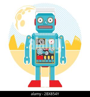 Illustration d'un robot de vent bleu vintage sur un paysage étranger Banque D'Images