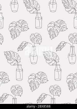 Monstera esquisse les plantes dans des pots conception sans couture sur fond clair. Jungle plante design, modèle d'emballage écologique. Boho botanique vecteur de la plante des Illustration de Vecteur