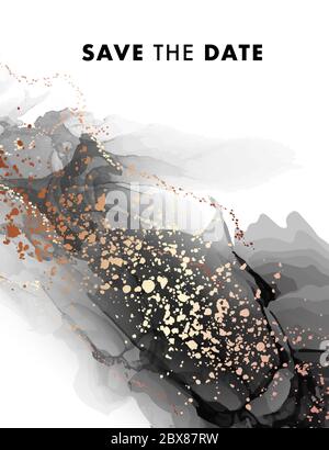 Encre aquarelle noire avec projection de feuille d'or, motif fumée sale grunge, explosion de stardust dans un nuage foncé. Illustration du flux de peinture Vector. Illustration de Vecteur