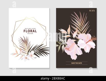 Ensemble floral botanique avec fleurs d'hibiscus sauvages, feuilles de palmier tendres, fleurs de plumeria et forme géométrique dorée. Brochure anniversaire, invitation de mariage, na Illustration de Vecteur